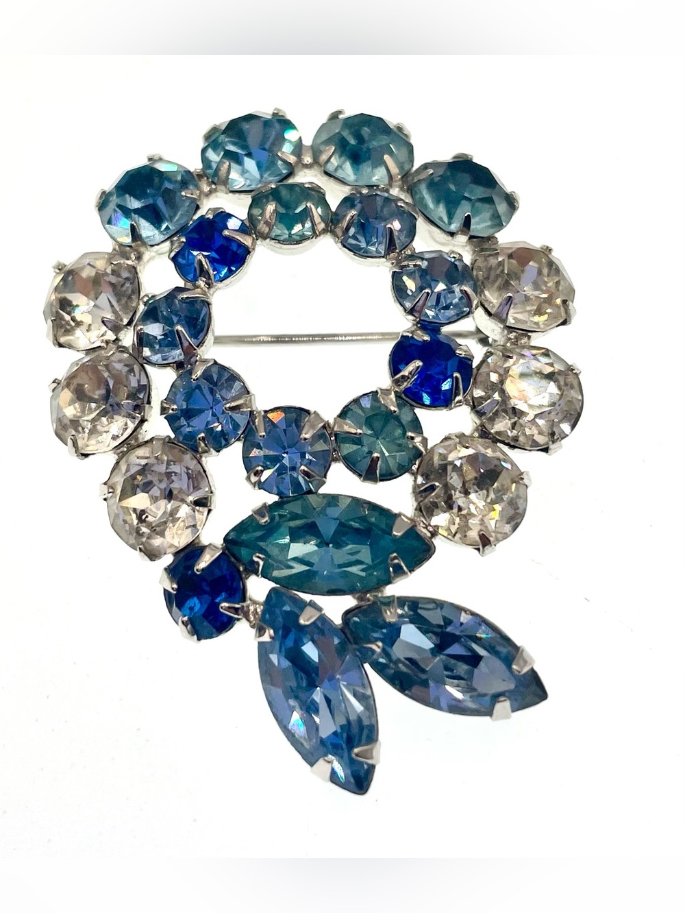 Vintage 1960s Blue Rhinestone Floral Brooch Prong Set Crystals Mid Century